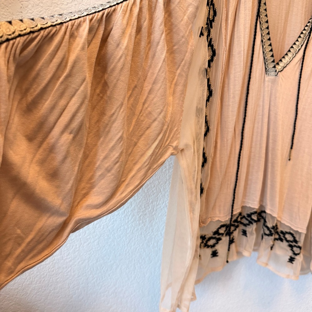 Free People Tunic Boho Embroidered Mesh Womens L Tan Black Tassel V-Neck Top - Picture 6 of 11